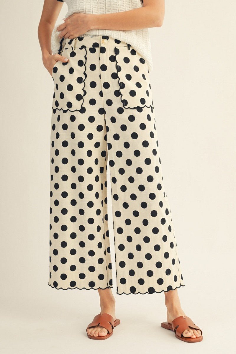 Scallop Edge Detail Polka Dot Pants - Chandeliers Boutique ny