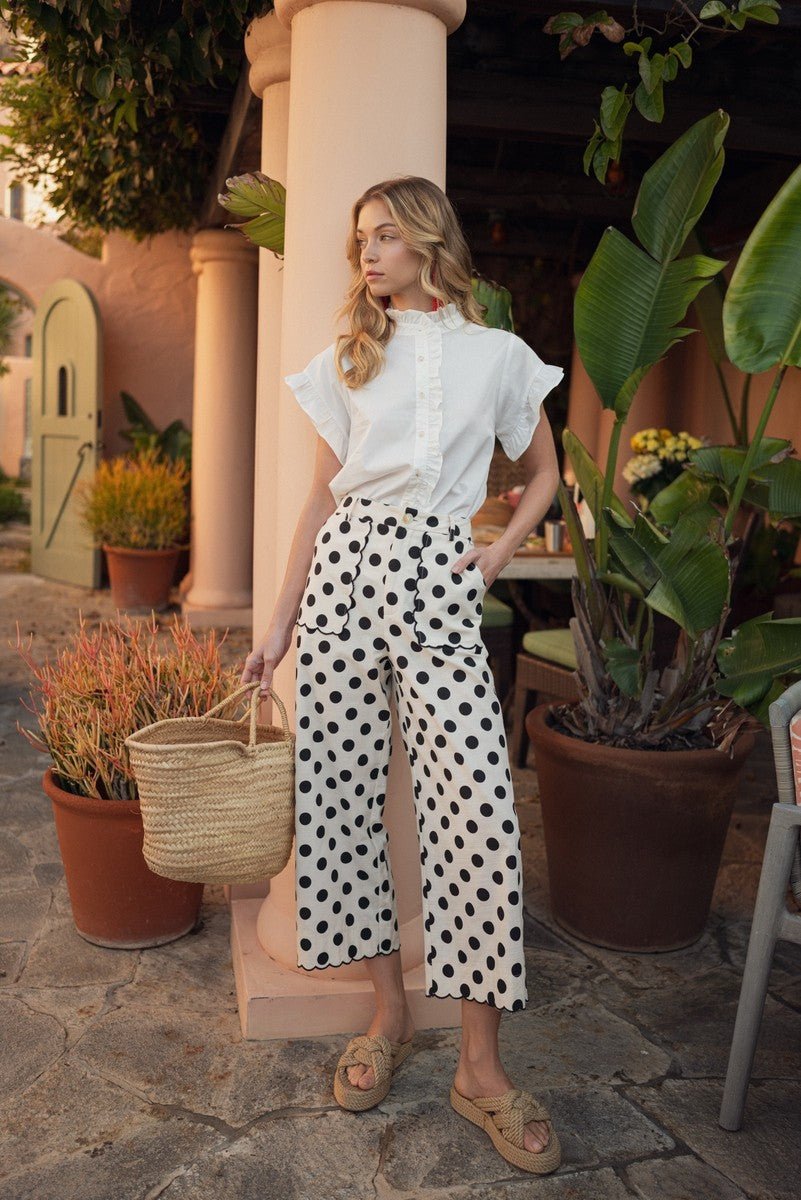 Scallop Edge Detail Polka Dot Pants - Chandeliers Boutique ny