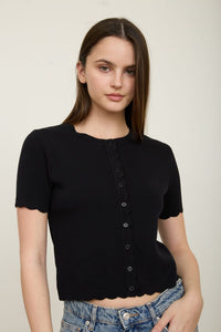 Scalloped Short Sleeve Button Down Knit Cardigan - Chandeliers Boutique ny