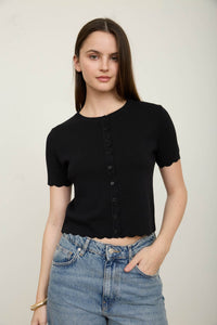 Scalloped Short Sleeve Button Down Knit Cardigan - Chandeliers Boutique ny