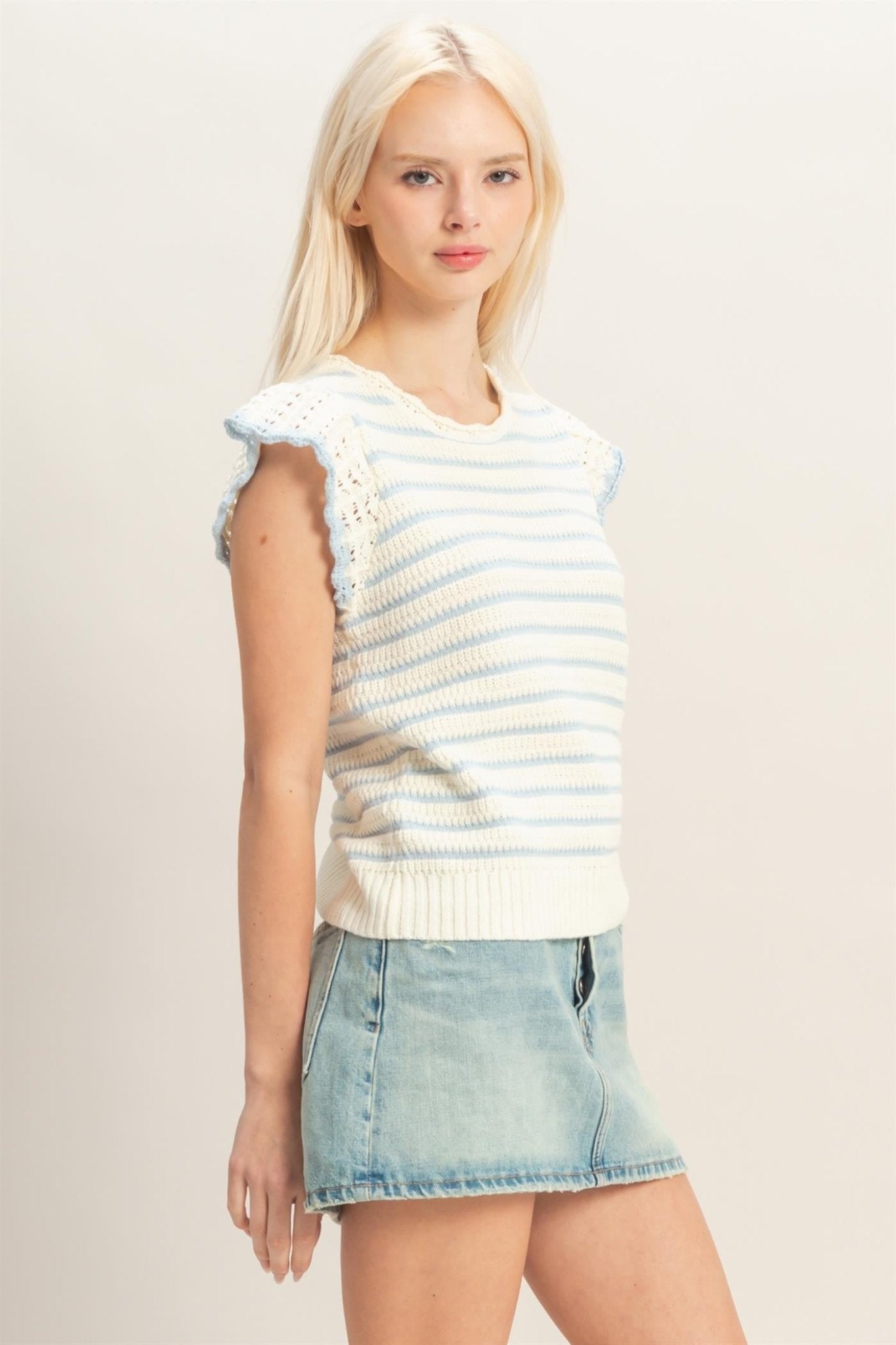 Scalloped Stripe Ruffle Sleeve Top - Chandeliers Boutique ny