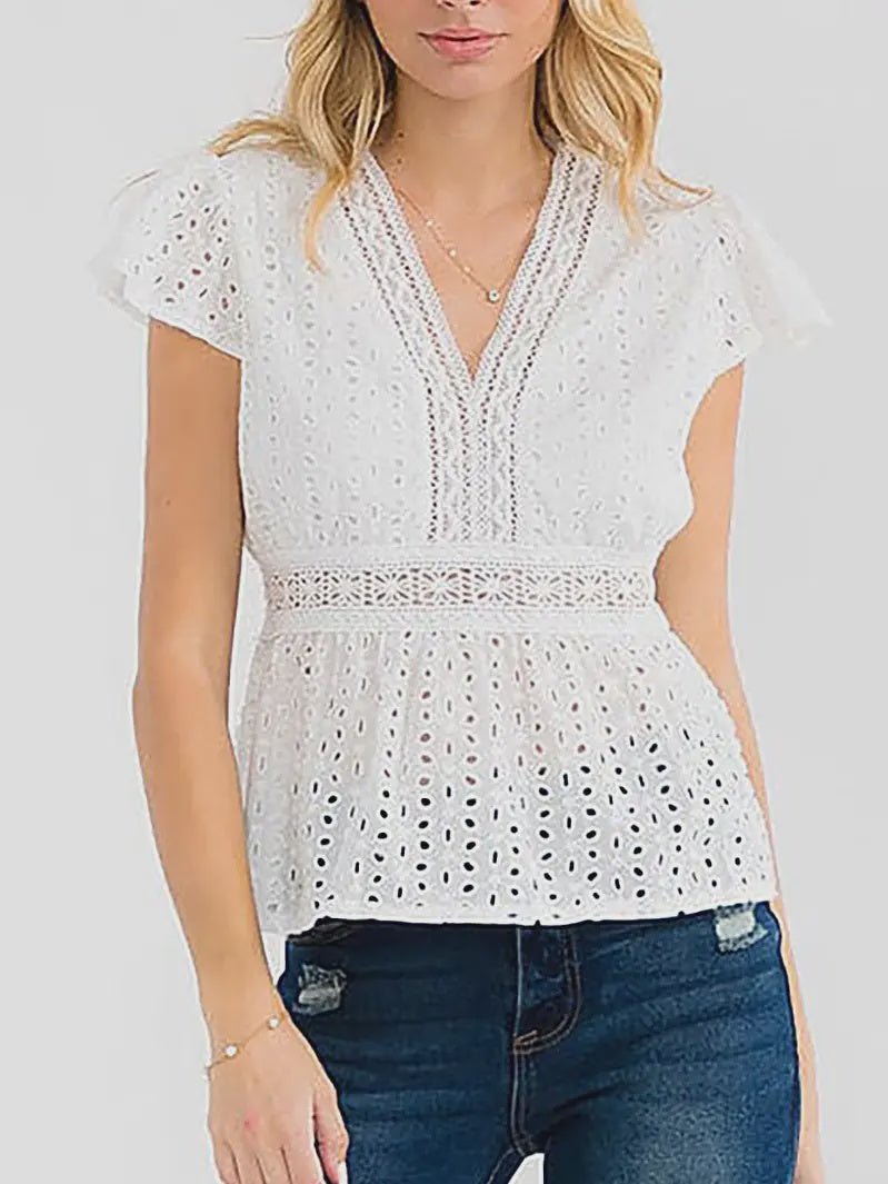 Short Sleeve V - Neck Ruffle Eyelet Top - Chandeliers Boutique ny
