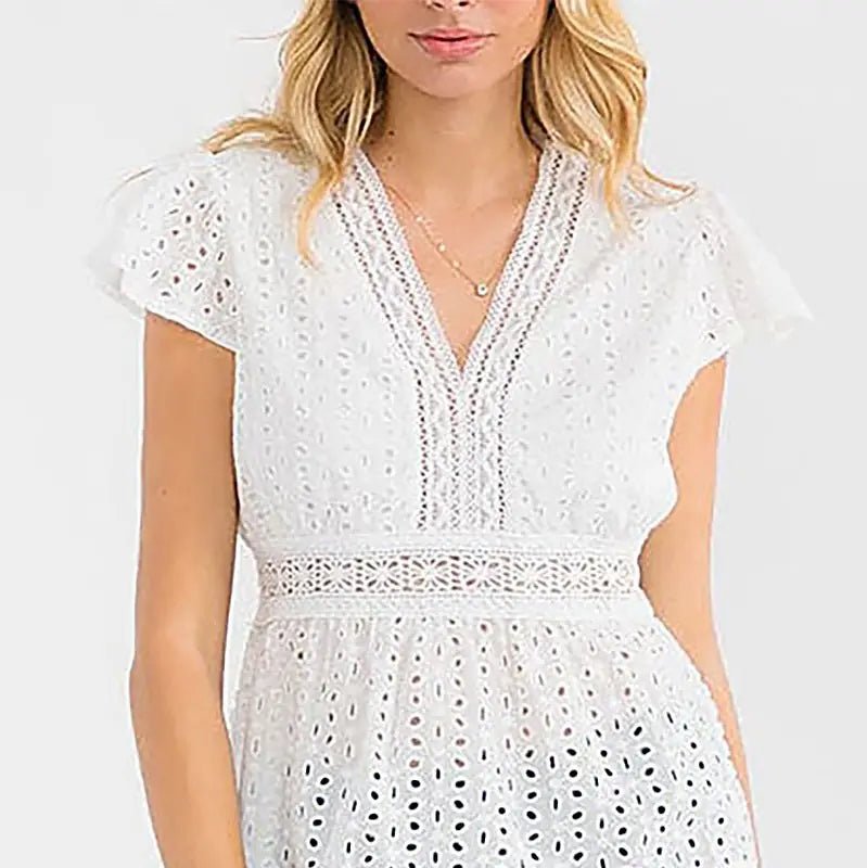Short Sleeve V - Neck Ruffle Eyelet Top - Chandeliers Boutique ny