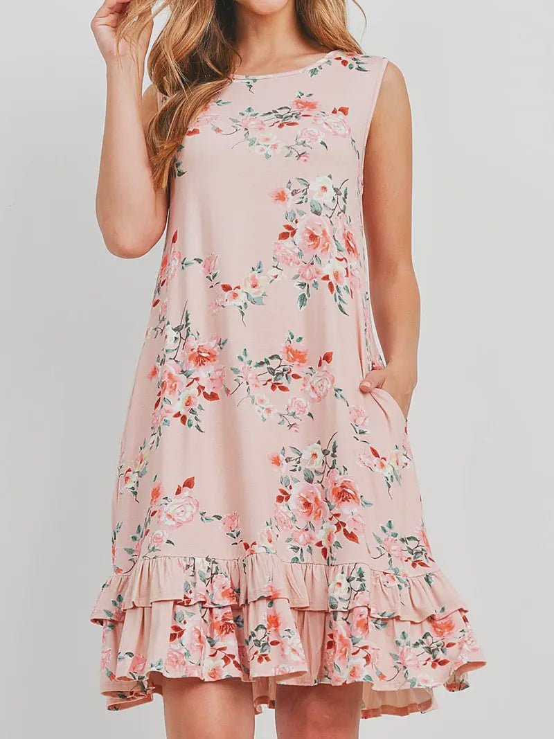 Sleeveless Ruffle Hem Floral Print Pocket Dress - Chandeliers Boutique ny