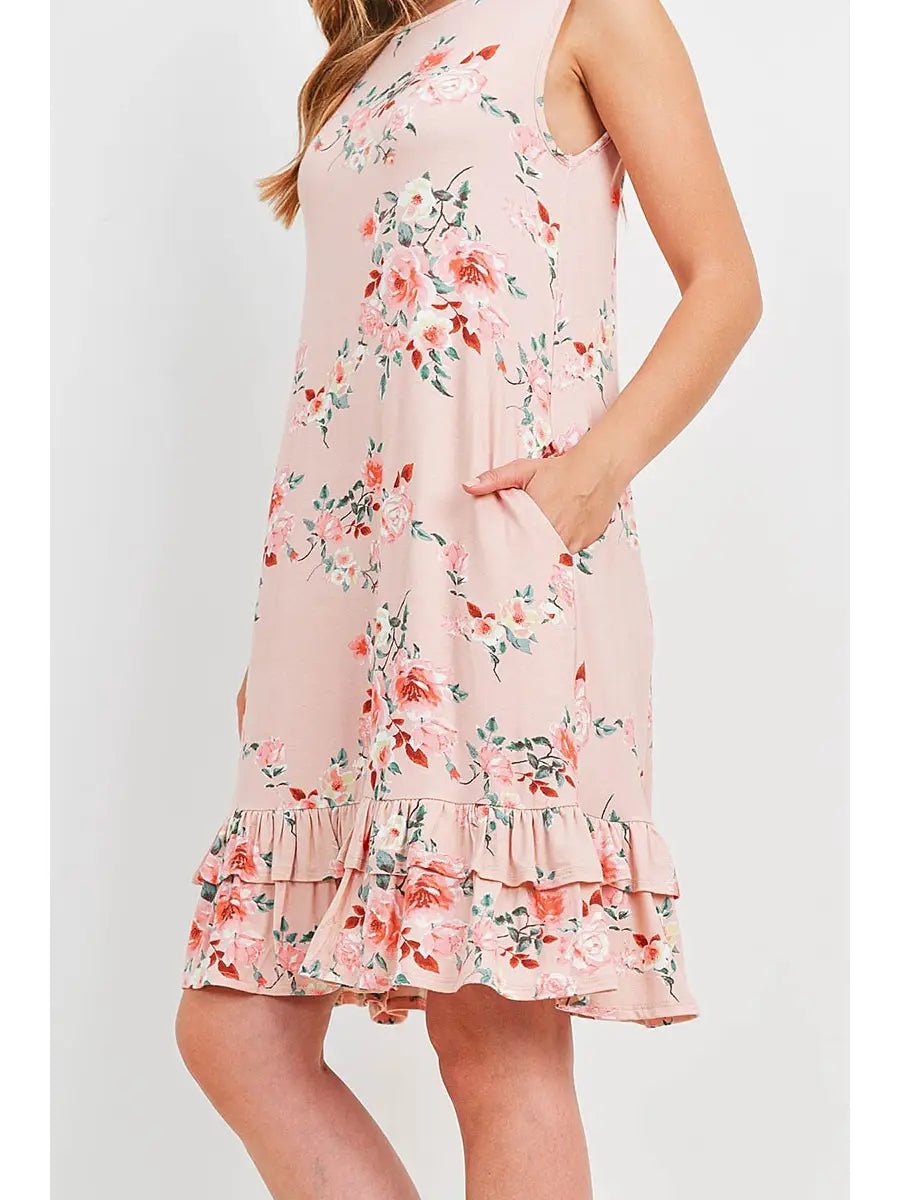 Sleeveless Ruffle Hem Floral Print Pocket Dress - Chandeliers Boutique ny
