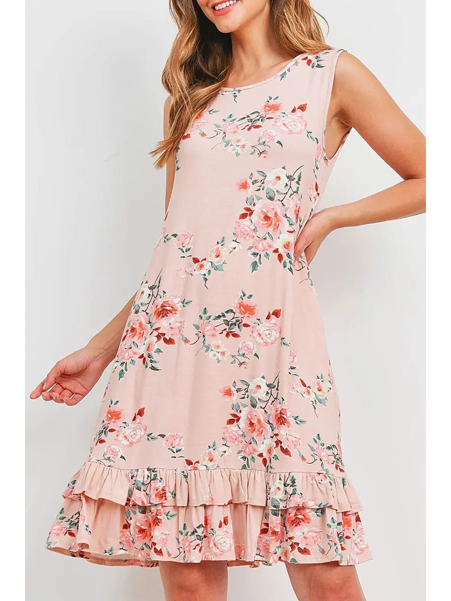 Sleeveless Ruffle Hem Floral Print Pocket Dress - Chandeliers Boutique ny