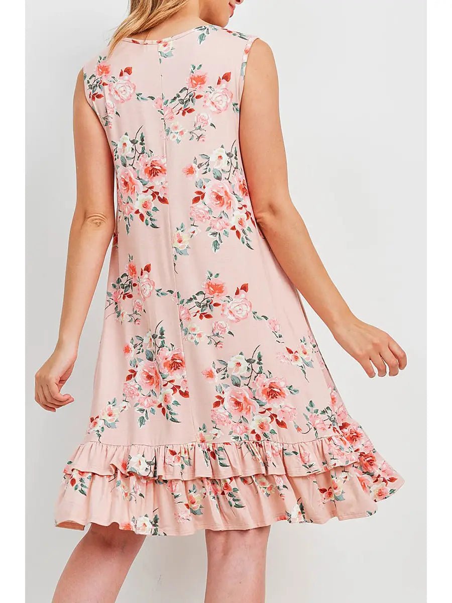 Sleeveless Ruffle Hem Floral Print Pocket Dress - Chandeliers Boutique ny