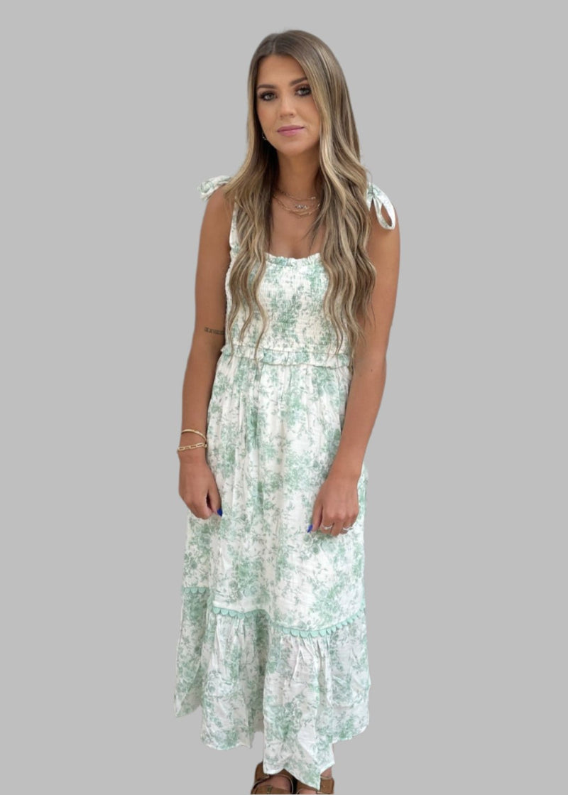 Smocked Sweetheart Ruffle Trim Midi Dress - Chandeliers Boutique ny
