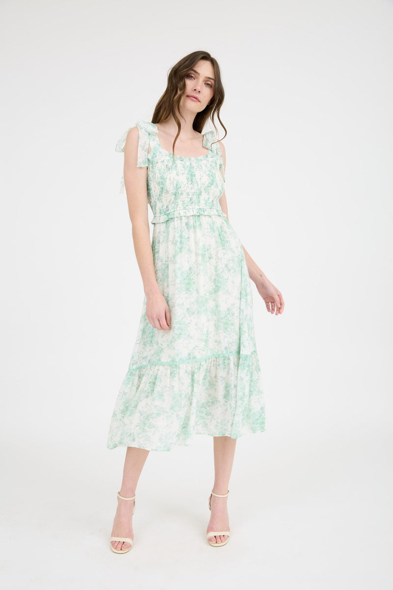 Smocked Sweetheart Ruffle Trim Midi Dress - Chandeliers Boutique ny