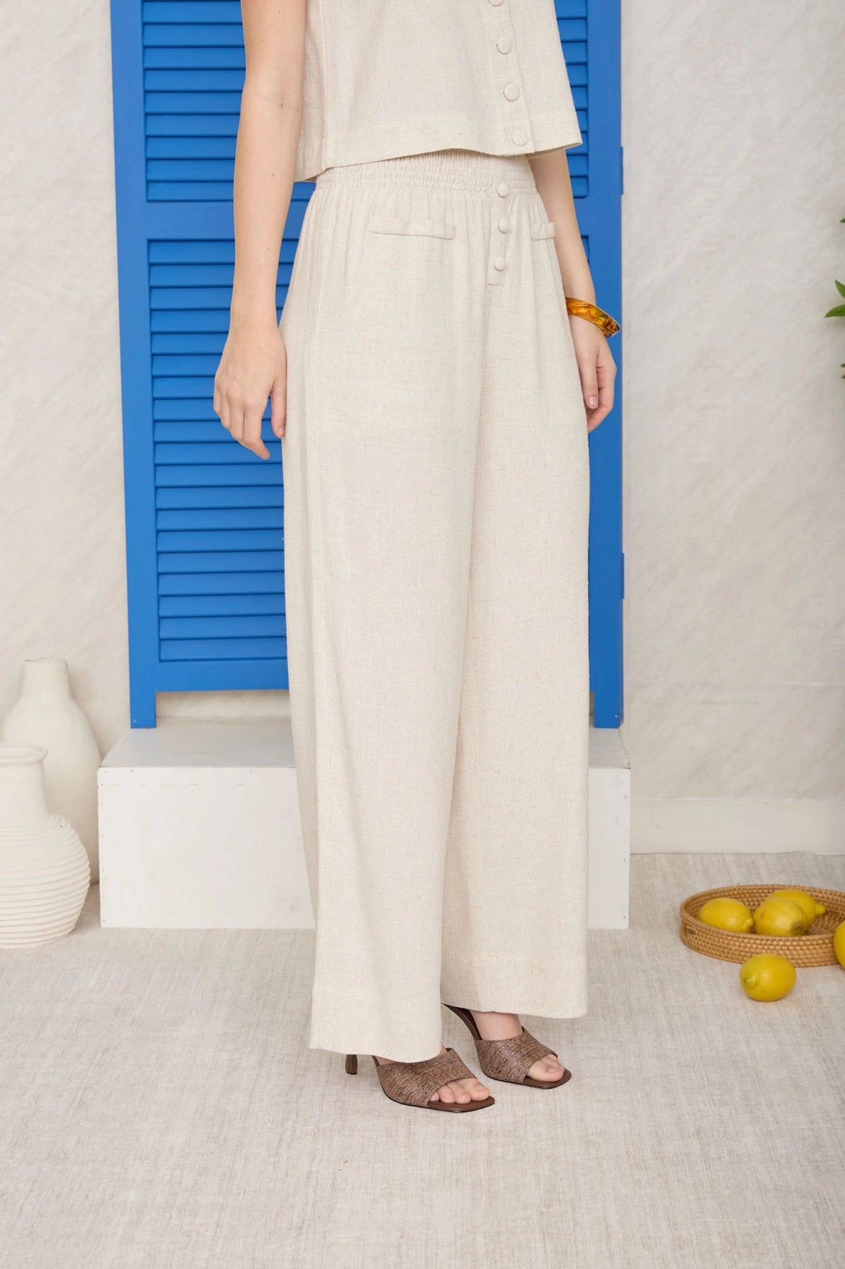 Smocked Waist Button Detail Linen Pants - Chandeliers Boutique ny