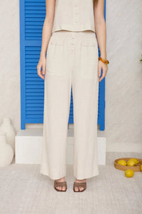 Smocked Waist Button Detail Linen Pants - Chandeliers Boutique ny