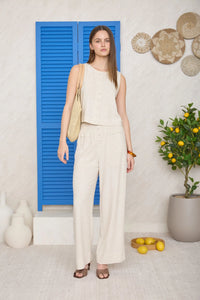 Smocked Waist Button Detail Linen Pants - Chandeliers Boutique ny