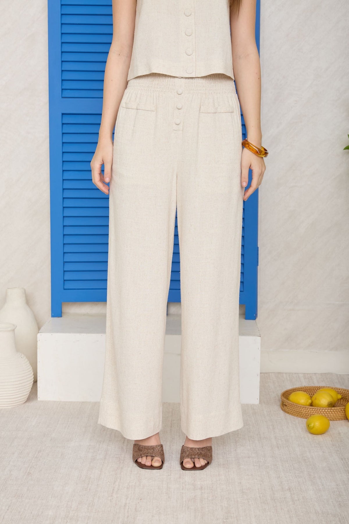Smocked Waist Button Detail Linen Pants - Chandeliers Boutique ny