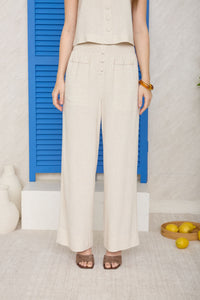 Smocked Waist Button Detail Linen Pants - Chandeliers Boutique ny
