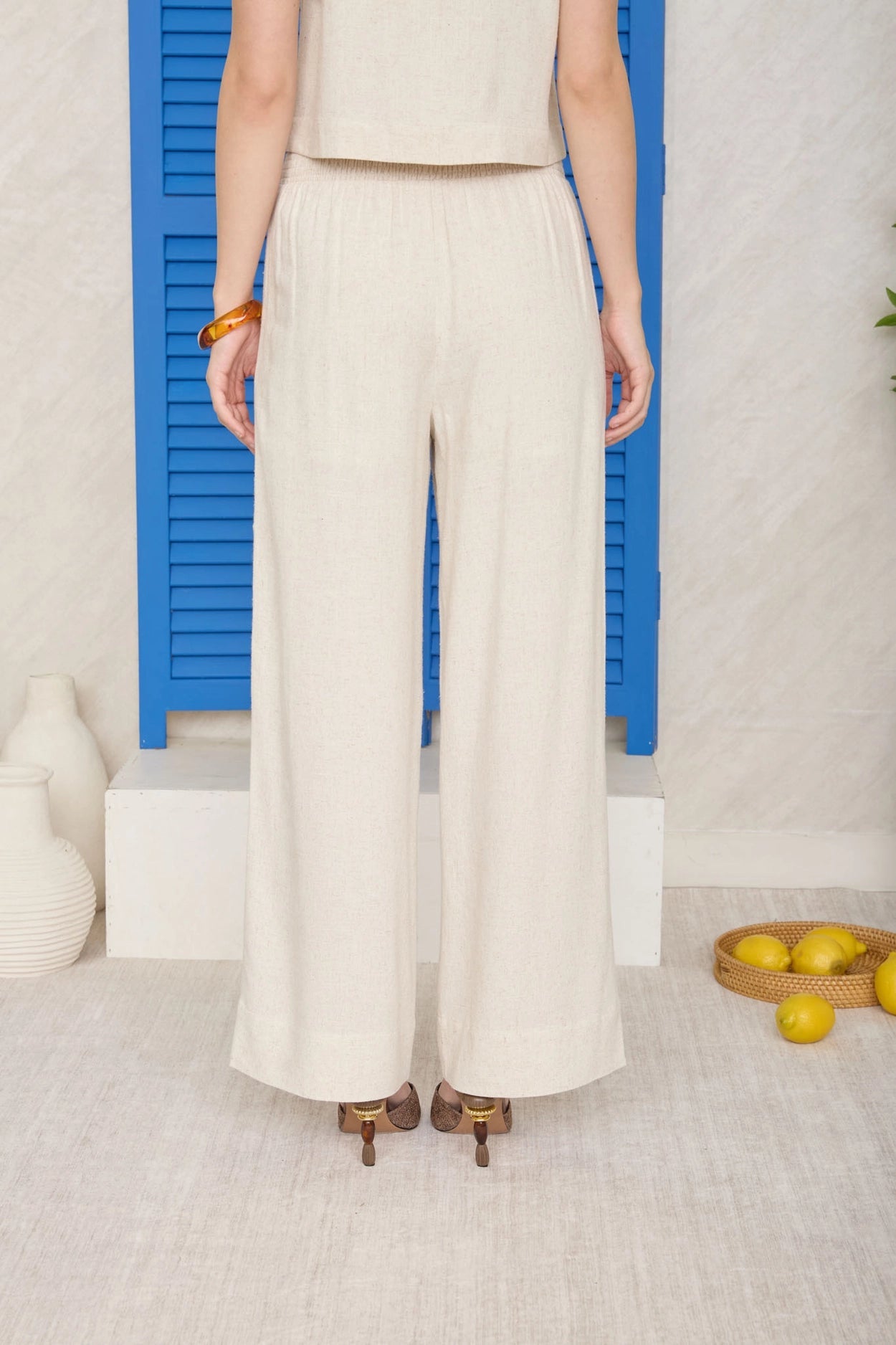 Smocked Waist Button Detail Linen Pants - Chandeliers Boutique ny