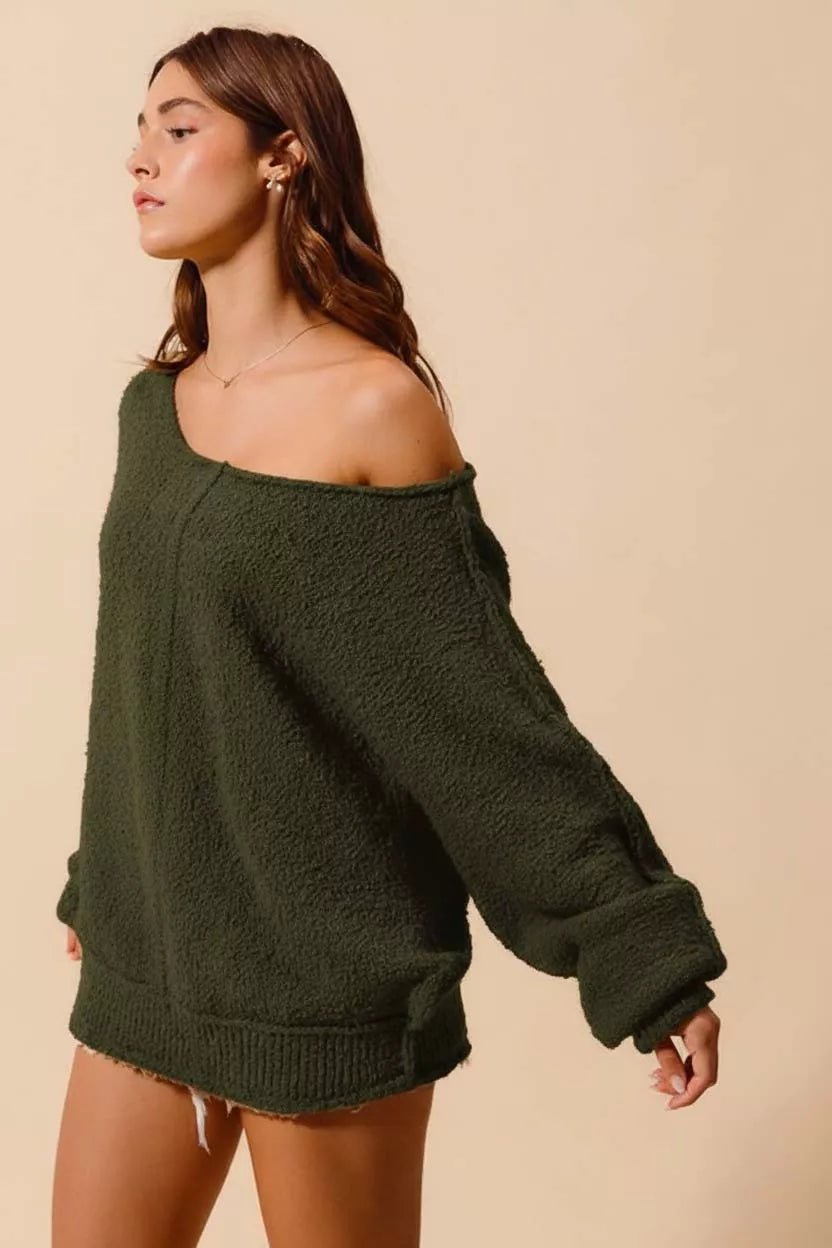 SO ME Loose Fit Exposed Seam Slouchy Boucle Sweater - Chandeliers Boutique ny