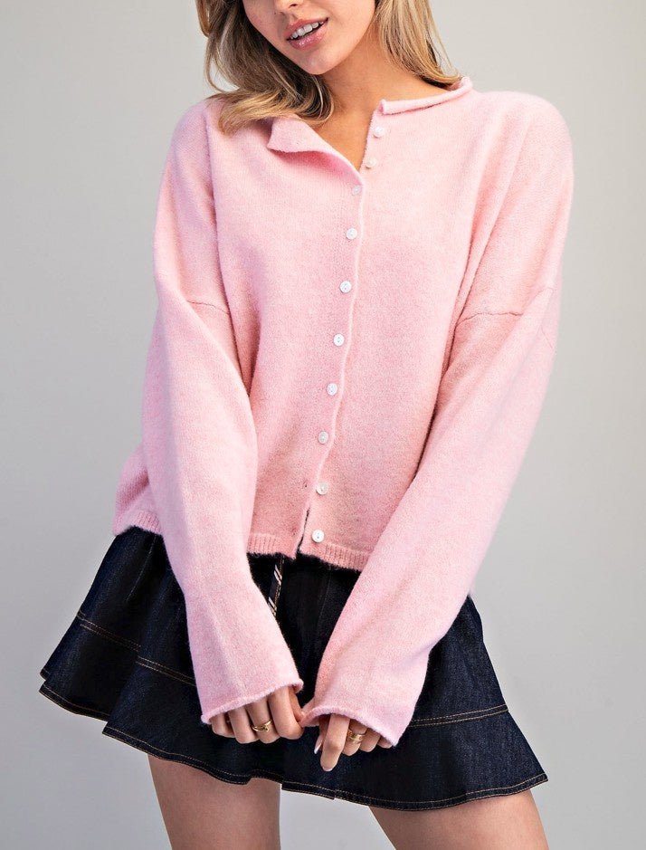 Solid Button Down Long Sleeve Cardigan - Chandeliers Boutique ny