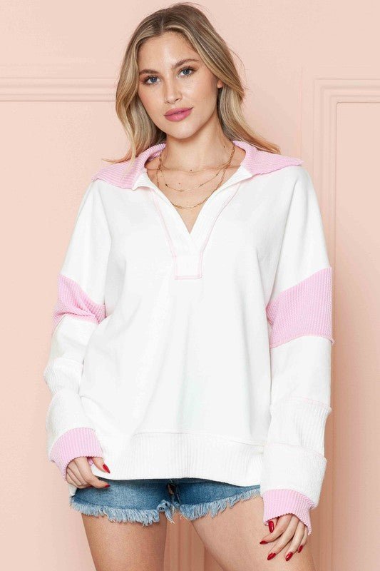 Solid Loose Fit Top With Wave Rib Contrast - Chandeliers Boutique ny