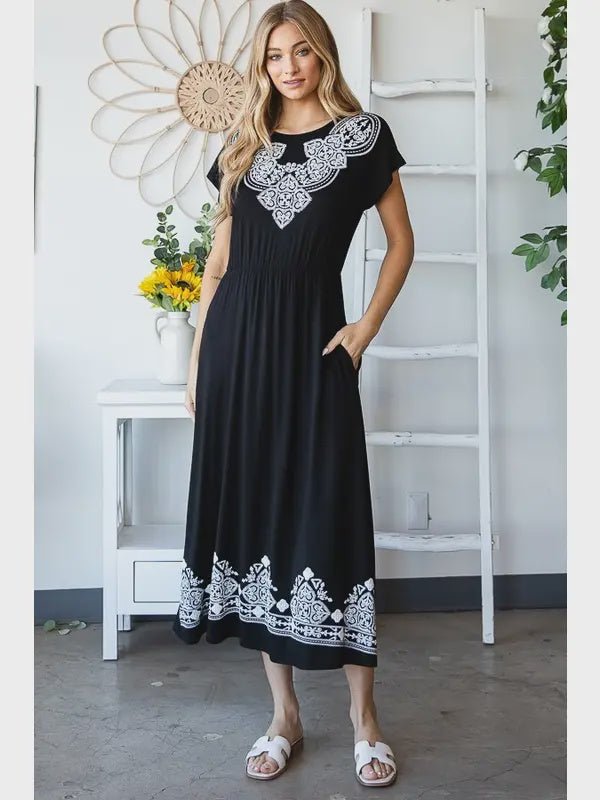 Solid Maxi Dress with Damask and Pocket - Chandeliers Boutique ny