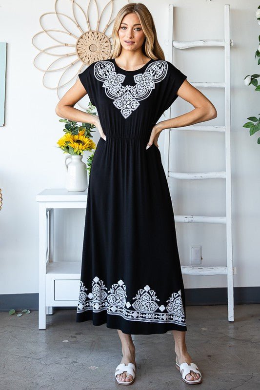 Solid Maxi Dress with Damask and Pocket - Chandeliers Boutique ny