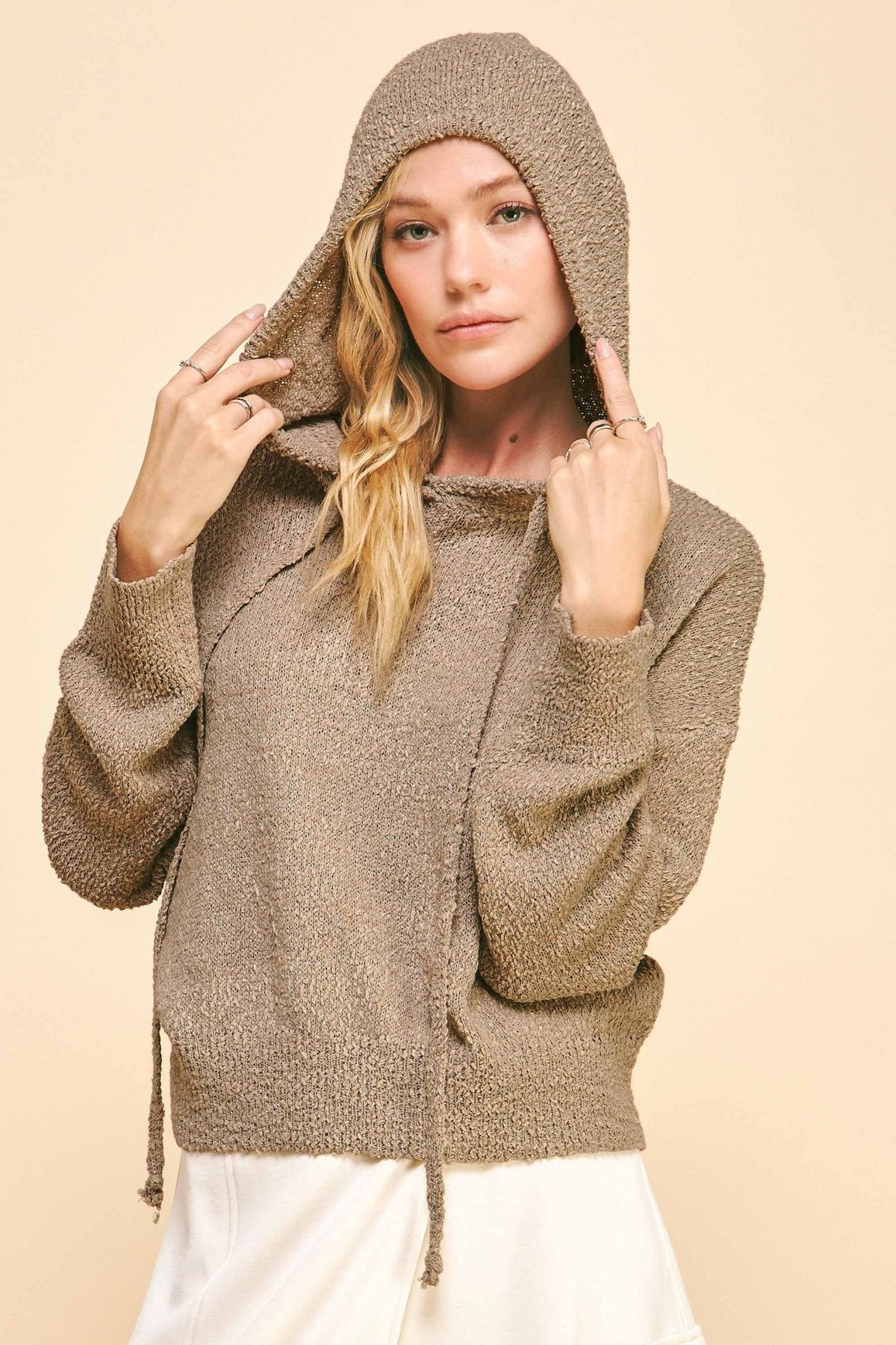 Solid Textured Cropped Hoodie Sweater - Chandeliers Boutique ny