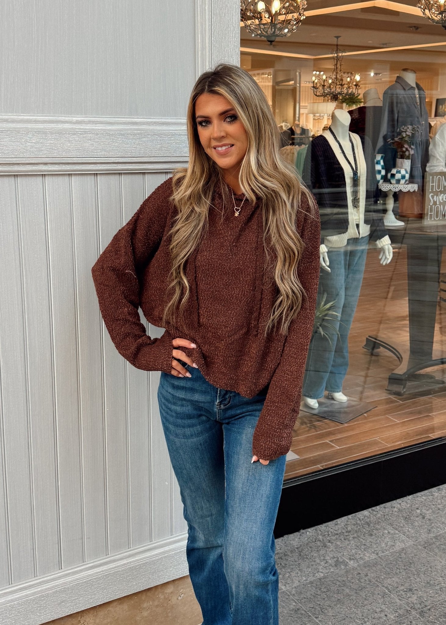 Solid Textured Cropped Hoodie Sweater - Chandeliers Boutique ny