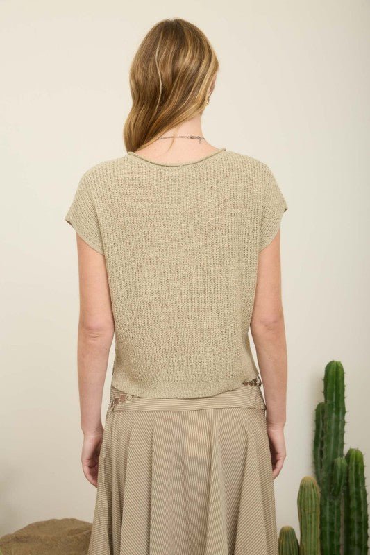 Split Neck Batwing Sleeveless Knit Sweater - Chandeliers Boutique ny