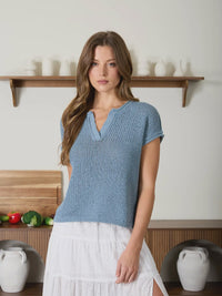 Split Neck Raw Edge Short Sleeve Sheer Knit Top - Chandeliers Boutique ny