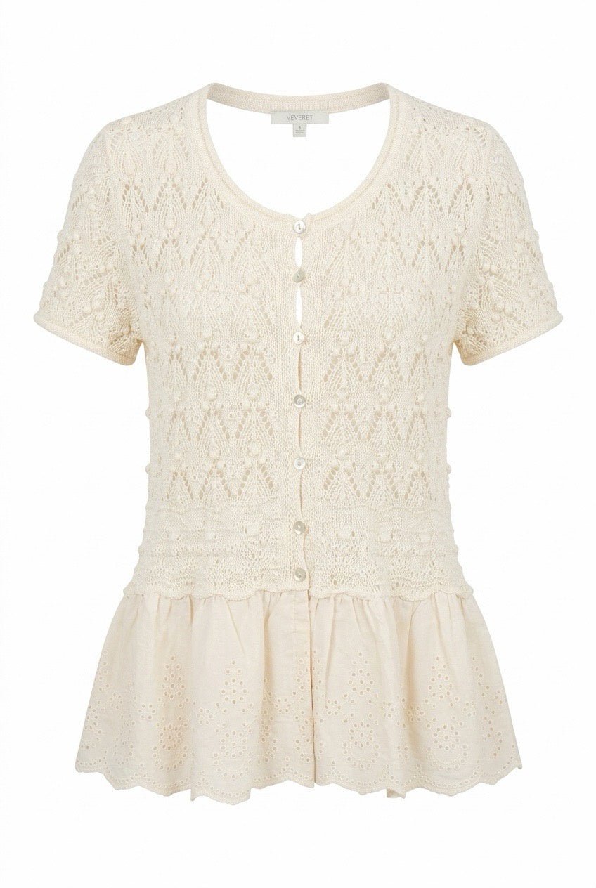 SS Crochet Sweater With Ruffle Bottom - Chandeliers Boutique ny