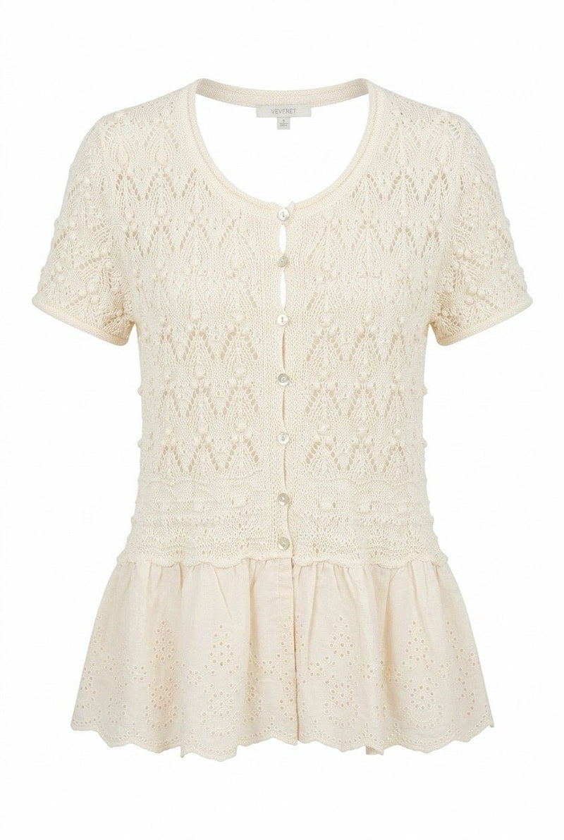 SS Crochet Sweater With Ruffle Bottom - Chandeliers Boutique ny