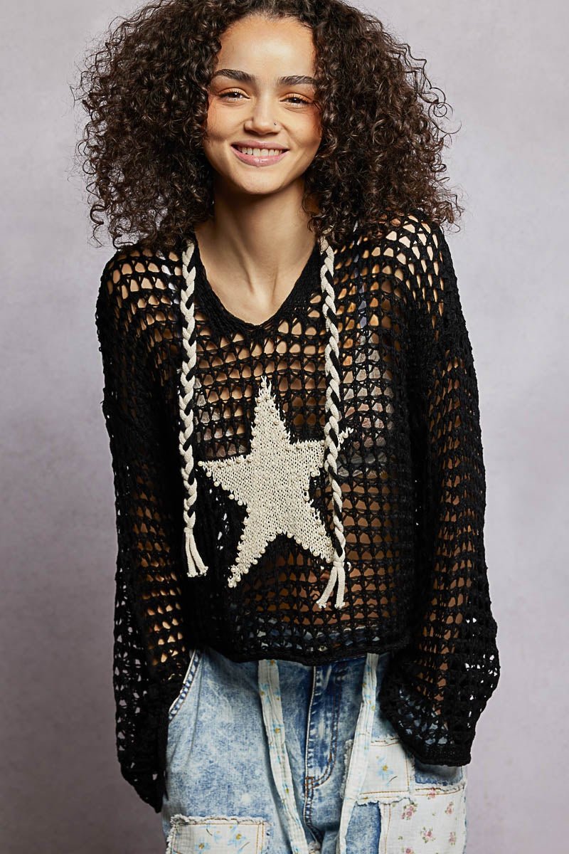 Star Patch Pearl Stud Thin Sweater Hoodie Top - Chandeliers Boutique ny