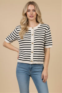 Stripe Button Front Knit Top - Chandeliers Boutique ny