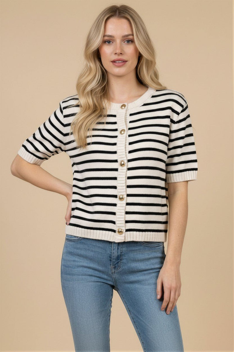 Stripe Button Front Knit Top - Chandeliers Boutique ny