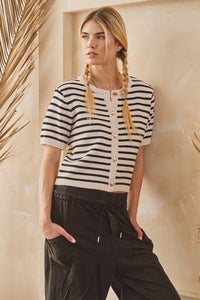 Stripe Button Front Knit Top - Chandeliers Boutique ny