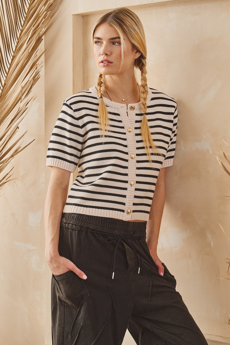 Stripe Button Front Knit Top - Chandeliers Boutique ny