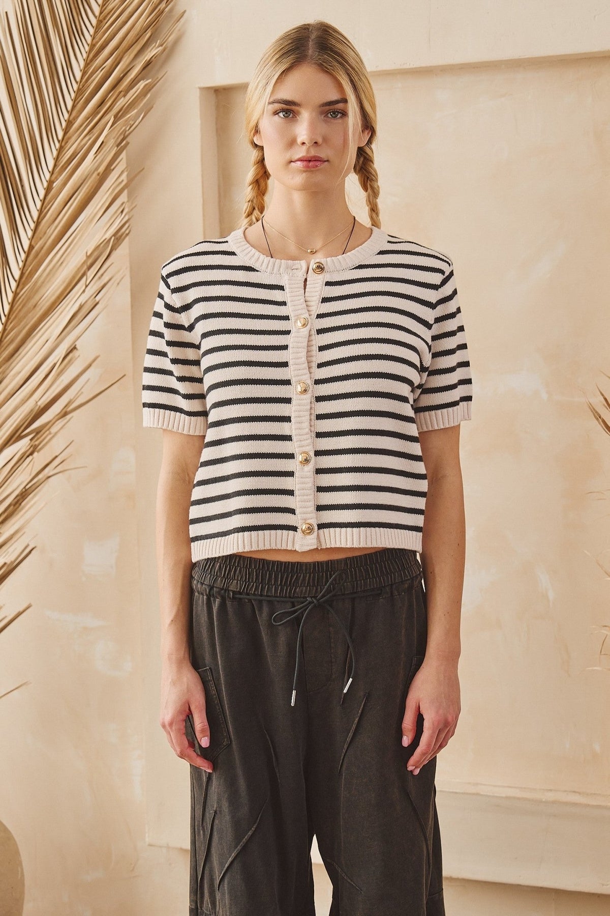 Stripe Button Front Knit Top - Chandeliers Boutique ny
