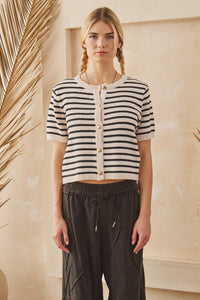 Stripe Button Front Knit Top - Chandeliers Boutique ny