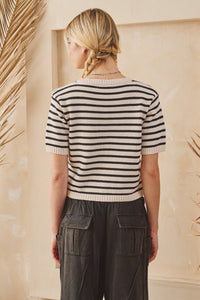 Stripe Button Front Knit Top - Chandeliers Boutique ny