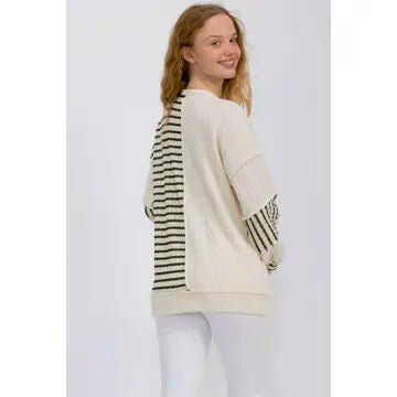 Stripe Cable Knit Patchwork Button Front Top - Chandeliers Boutique ny