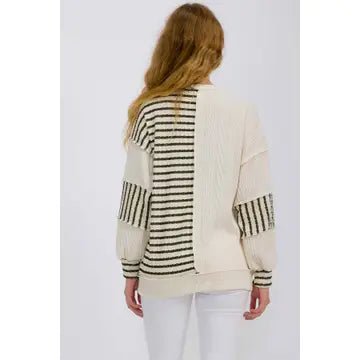 Stripe Cable Knit Patchwork Button Front Top - Chandeliers Boutique ny