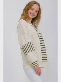 Stripe Cable Knit Patchwork Button Front Top - Chandeliers Boutique ny
