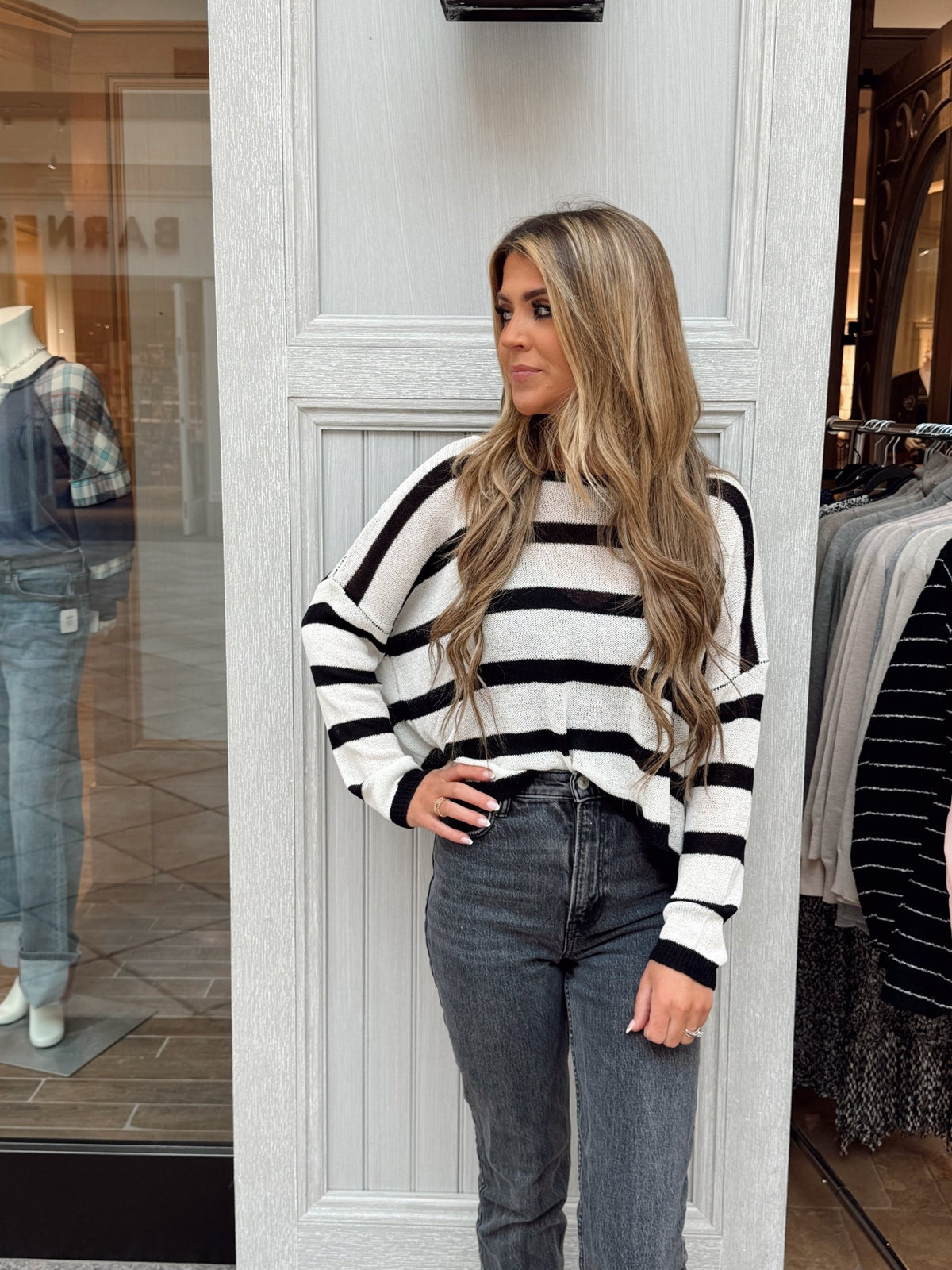 Stripe Knit Loose Fit Dolamn Blouse Top - Chandeliers Boutique ny
