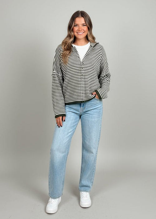 Stripe Raw Edge Drop Shoulder Knit Cardigan - Chandeliers Boutique ny