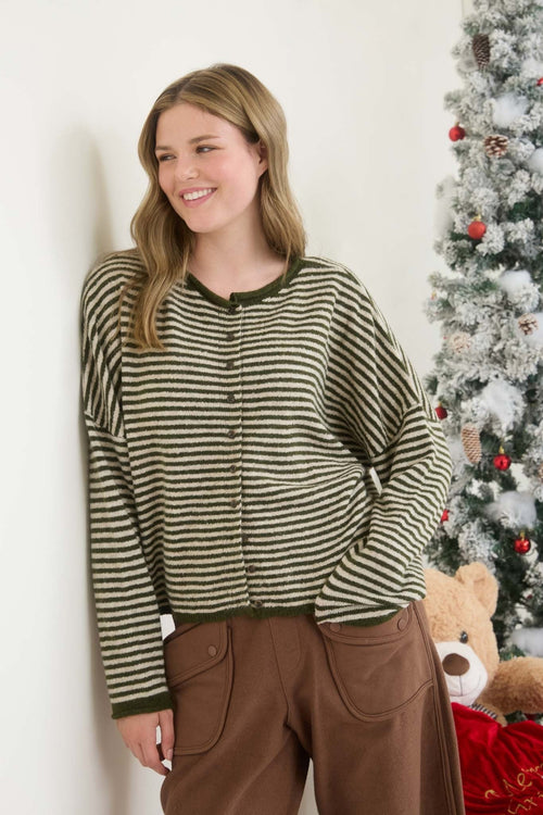 Stripe Raw Edge Drop Shoulder Knit Cardigan - Chandeliers Boutique ny