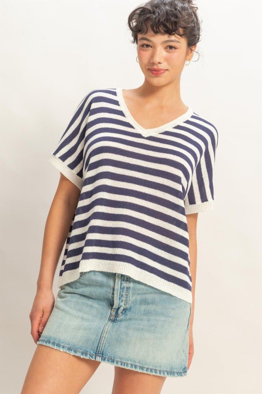 Stripe Short Dolman Sleeve Oversized Top - Chandeliers Boutique ny