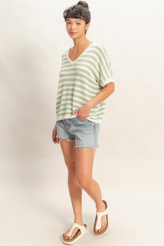 Stripe Short Dolman Sleeve Oversized Top - Chandeliers Boutique ny