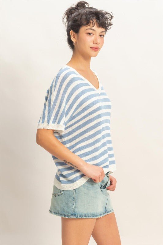 Stripe Short Dolman Sleeve Oversized Top - Chandeliers Boutique ny