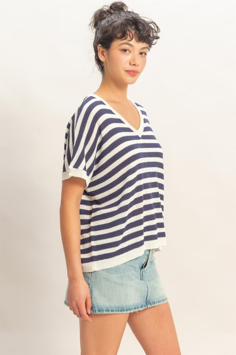 Stripe Short Dolman Sleeve Oversized Top - Chandeliers Boutique ny