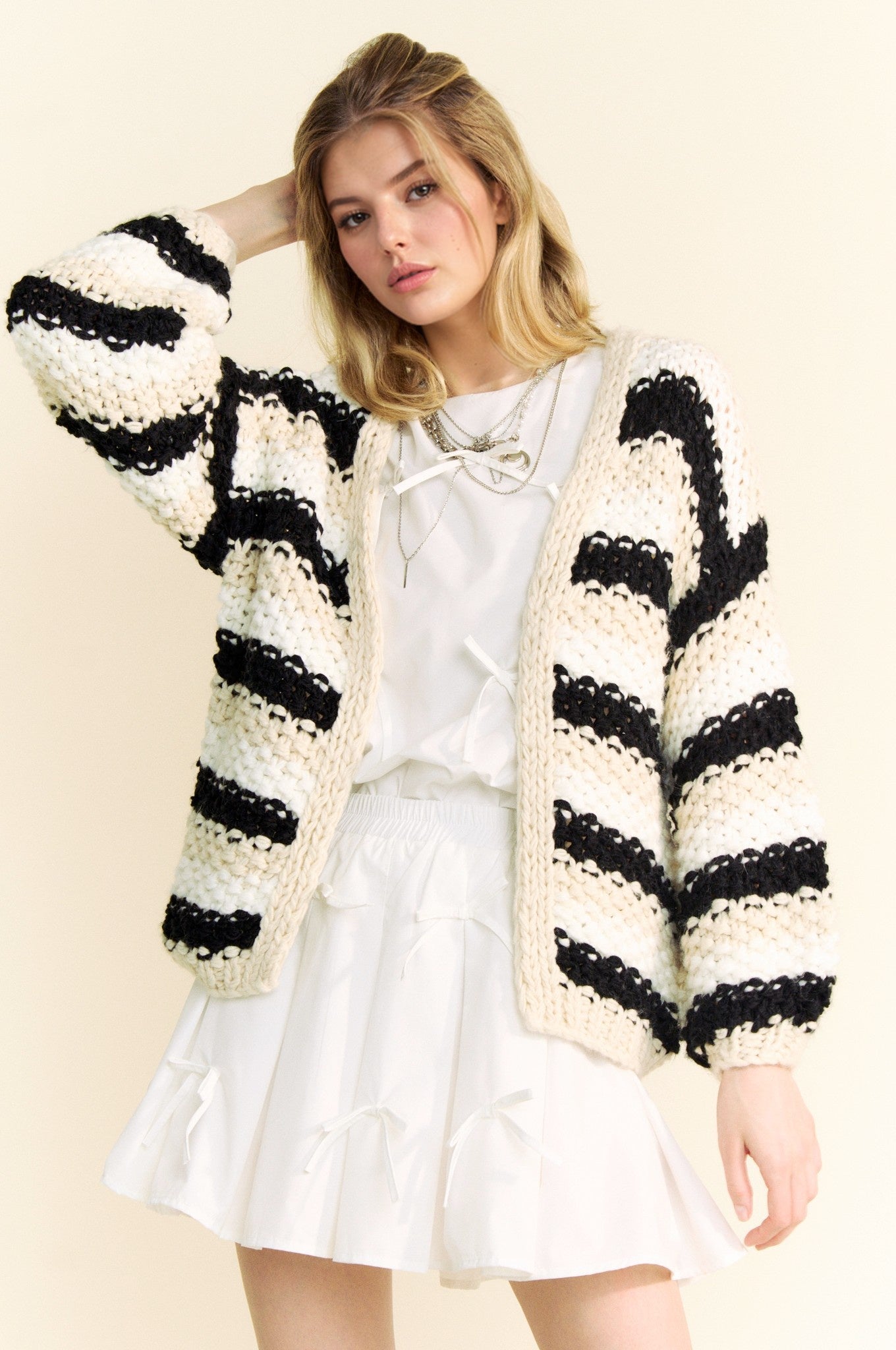 Striped Balloon Long Sleeve Loose Fit Cardigan - Chandeliers Boutique ny