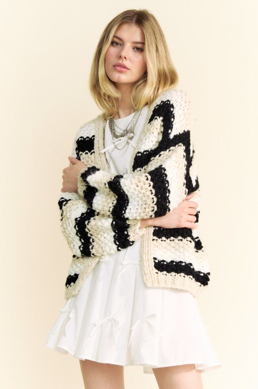 Striped Balloon Long Sleeve Loose Fit Cardigan - Chandeliers Boutique ny